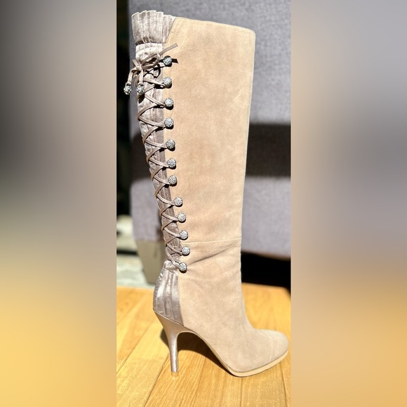 NWOT BOURNE BOOTS UK Designer Bejeweled Lace Up Satin & Suede Tan Sz EU37, US6.5 - Picture 5 of 15